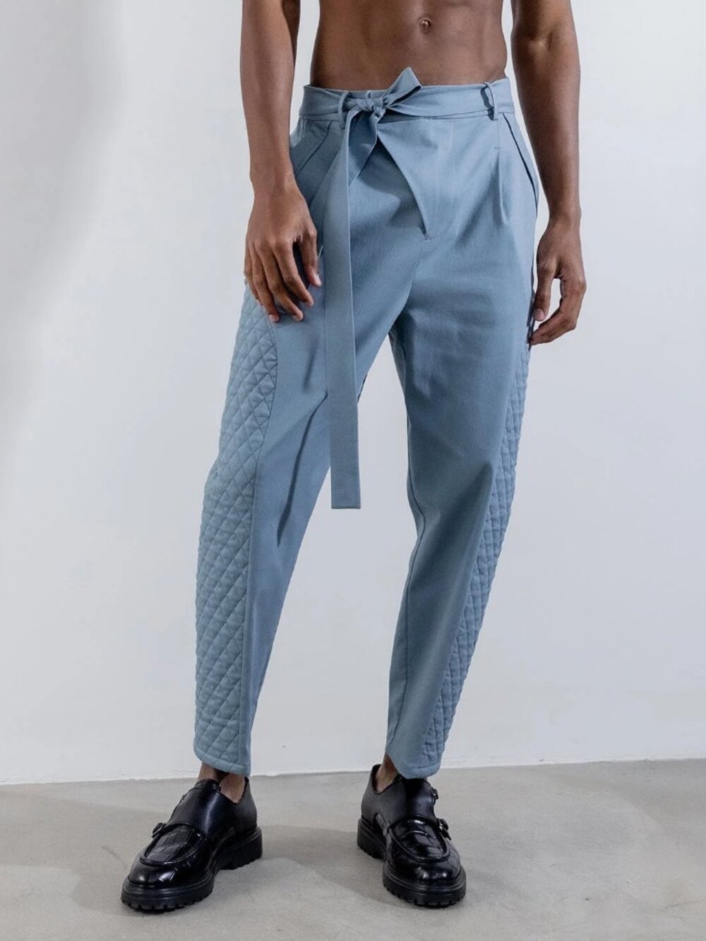 ORTTU Nicholas Pants Quilted Blue Slim Tie Waist Jogger Pants Size Large